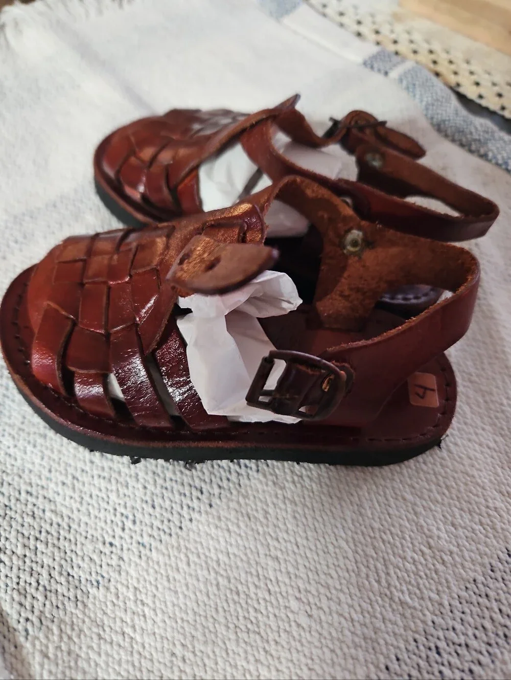Kids Brown Woven Leather Sandals with Adjustable Ankle Strap
